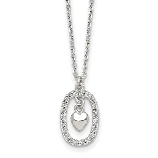 Sterling Silver Polished CZ Heart in Oval Necklace