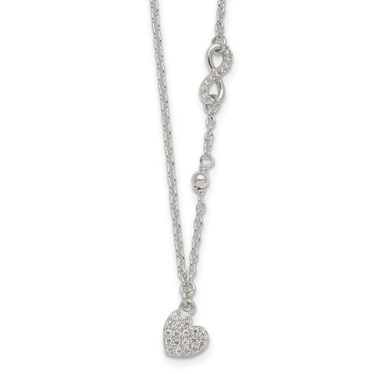 Sterling Silver CZ Infinity and Heart w/ 2in Ext Necklace