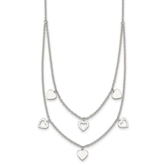 Sterling Silver Polished 2 Strand Multi Heart Necklace