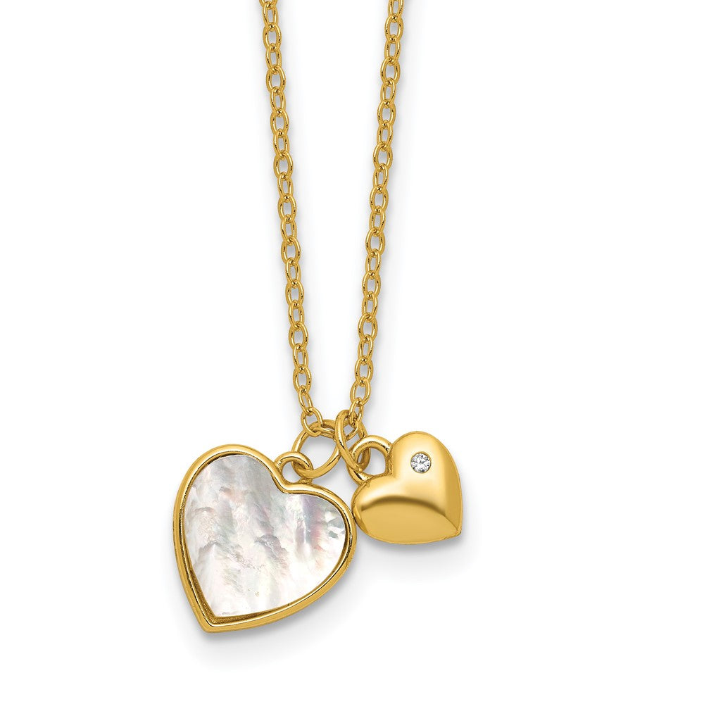 Sterling Silver Gold-tone MOP CZ Hearts 14in w/3in Ext Children's Necklace