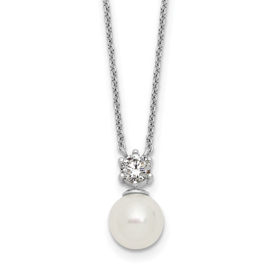 Sterling Silver RH-pltd Polished CZ Shell Pearl 15.5in w/2in Ext Necklace