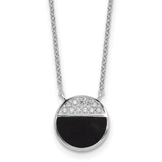 SSilver RH-pltd Polished Black Onyx CZ Circle 16in w/2in Ext Necklace