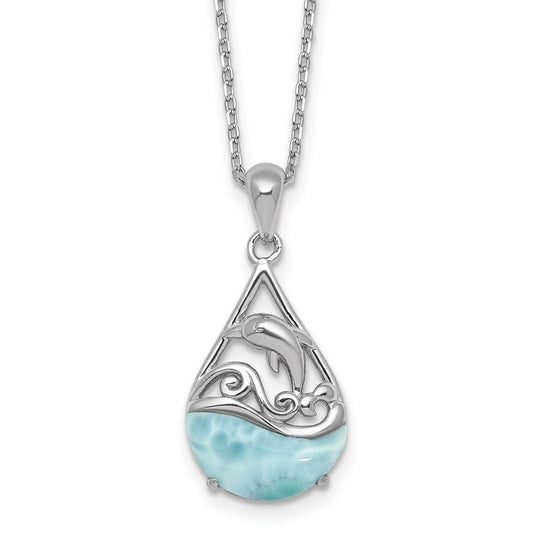 Sterling Silver RH-plated Larimar Dolphin Teardrop 16in w/2in Ext Necklace