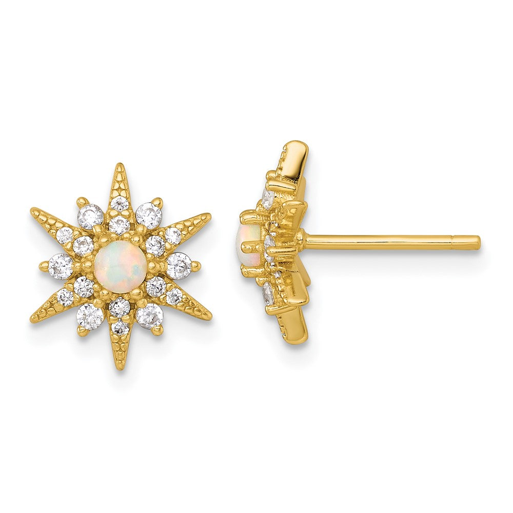 Sterling Silver Gold-tone Polished Created Opal and CZ Star Post Earrings