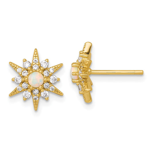 Sterling Silver Gold-tone Polished Created Opal and CZ Star Post Earrings