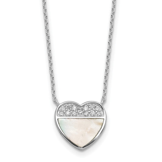 SS RH-pltd Polished Mother of Pearl CZ Heart 16in w/2in Ext Necklace