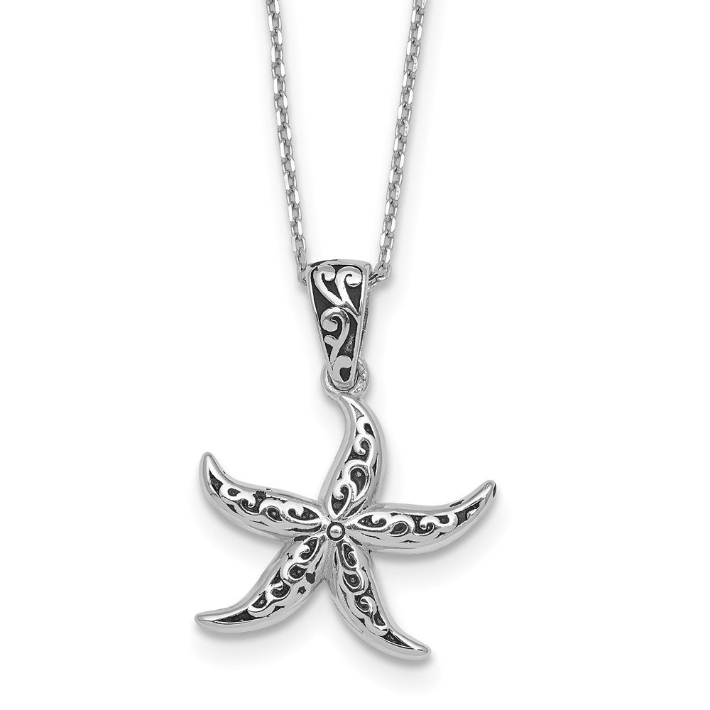 Sterling Silver RH-plated Polished/Oxidized Filigree Starfish 18in Necklace