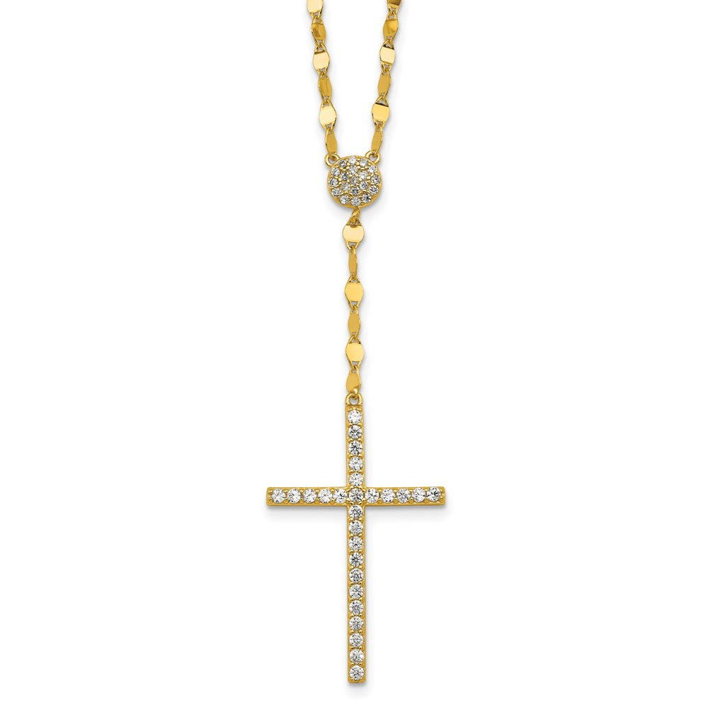 Sterling Silver Gold-tone Polished CZ Cross 16in w/2in Ext Necklace