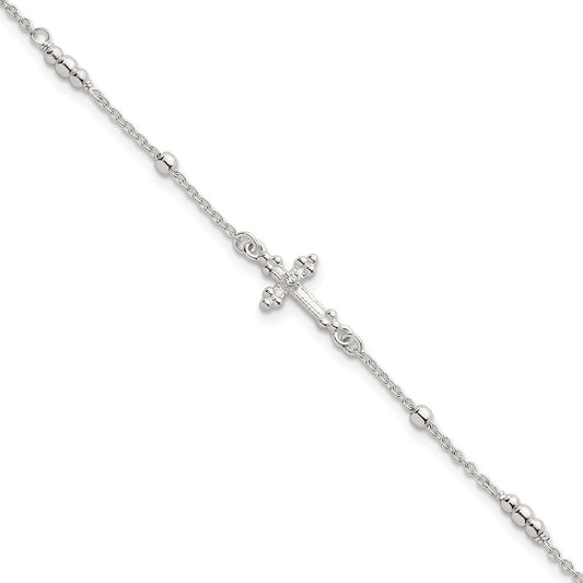 Sterling Silver Polished and Beaded CZ Cross w/ 1in Ext Bracelet