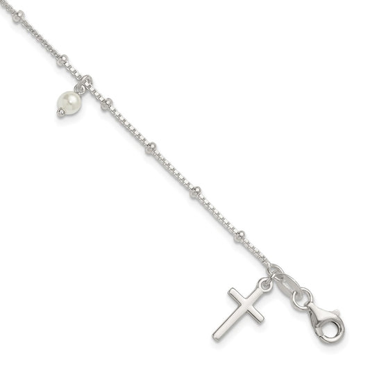 Sterling Silver Polished and Beaded Glass Pearl and Cross Bracelet