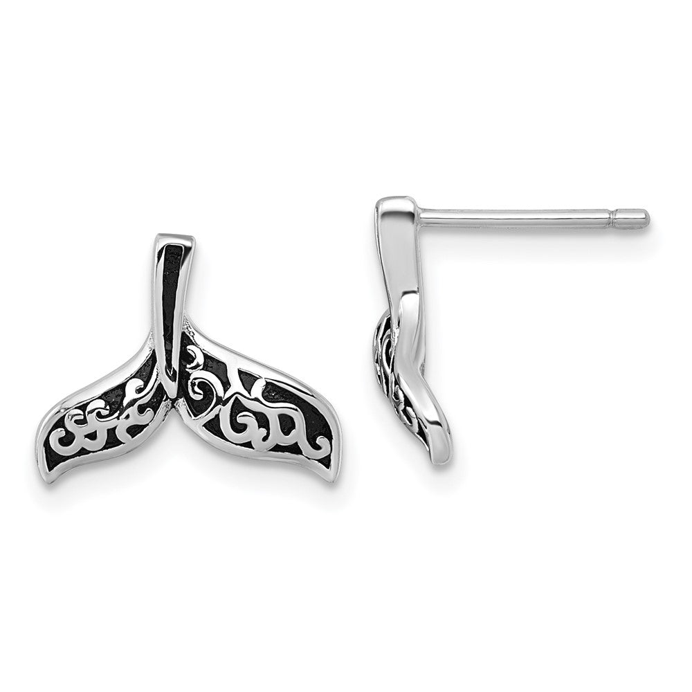 Sterling Silver RH-plated Oxidized Filigree Whale Tail Post Earrings