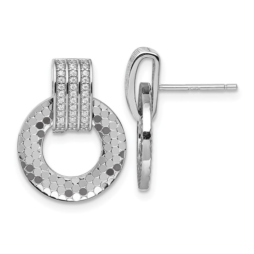 Sterling Silver RH Plated CZ Textured Moveable Circle Dangle Post Earrings