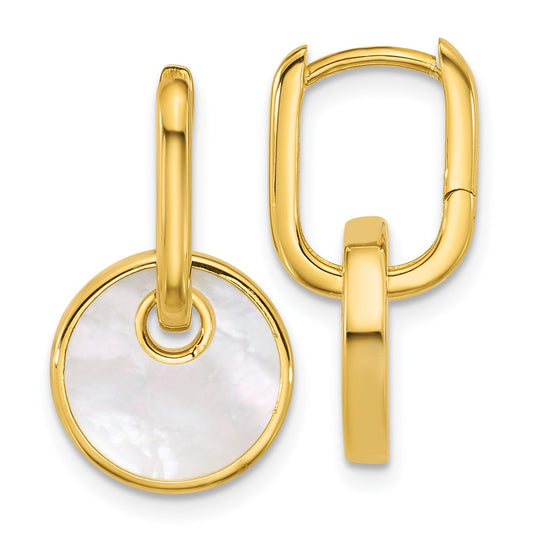 Sterling Silver Gold-plated Mother of Pearl Drop Hinged Hoop Earrings