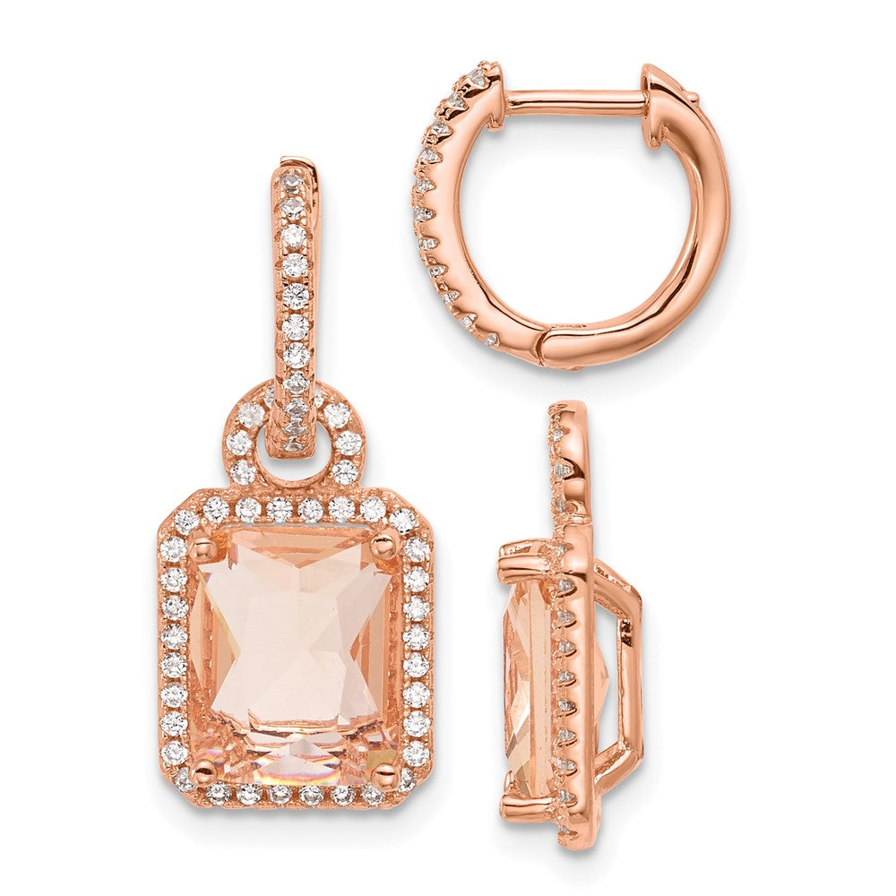 Sterling Silver Rose-tone Glass and CZ Dangle Hinged Round Hoop Earrings
