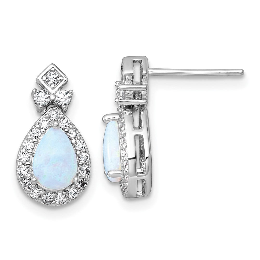 Sterling Silver RH-plated Cr. Opal and CZ Teardrop Post Dangle Earrings