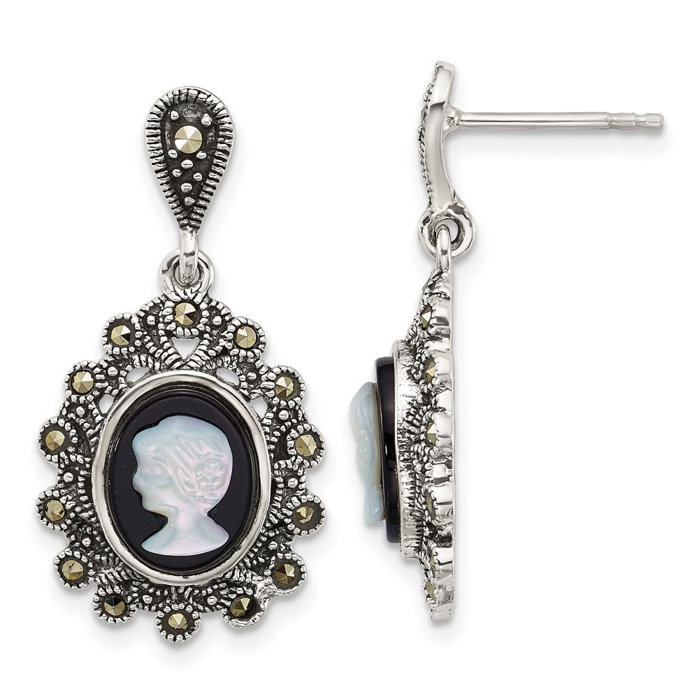 Sterling Silver Antiqued Marcasite Blk Agate and MOP Cameo Earrings