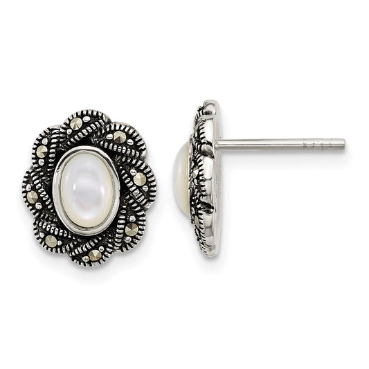 Sterling Silver Antiqued Marcasite and MOP Oval Fancy Post Earrings