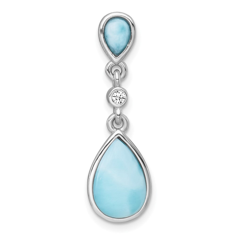 Sterling Silver RH-plated Polished Larimar / CZ Teardrop Chain Slide Pendan