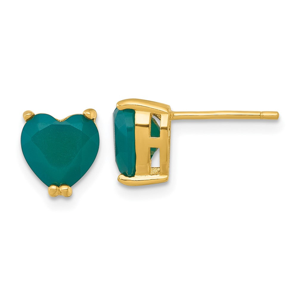 Sterling Silver Gold-tone Green Chalcedony Heart Post Earrings