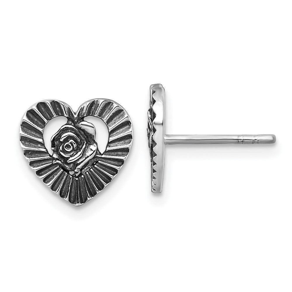 Sterling Silver Antiqued Polished Heart With Flower Post Earrings