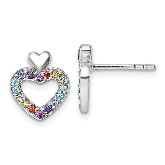 Sterling Silver Rhodium-plated Multi Color CZ Heart Post Earrings