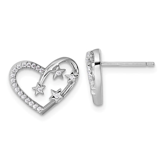 Sterling Silver Rhodium-plated CZ Heart with Stars Post Earrings