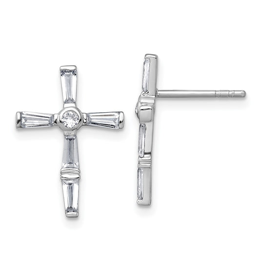 Sterling Silver Rhodium-plated Polished White CZ Cross Post Earrings