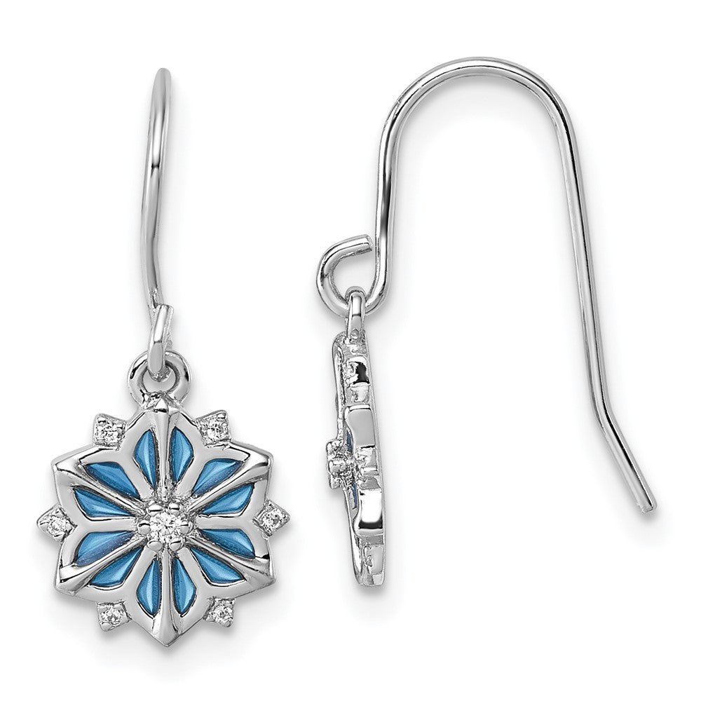 Sterling Silver RH-plated Blue Enamel & White CZ Dangle Earrings