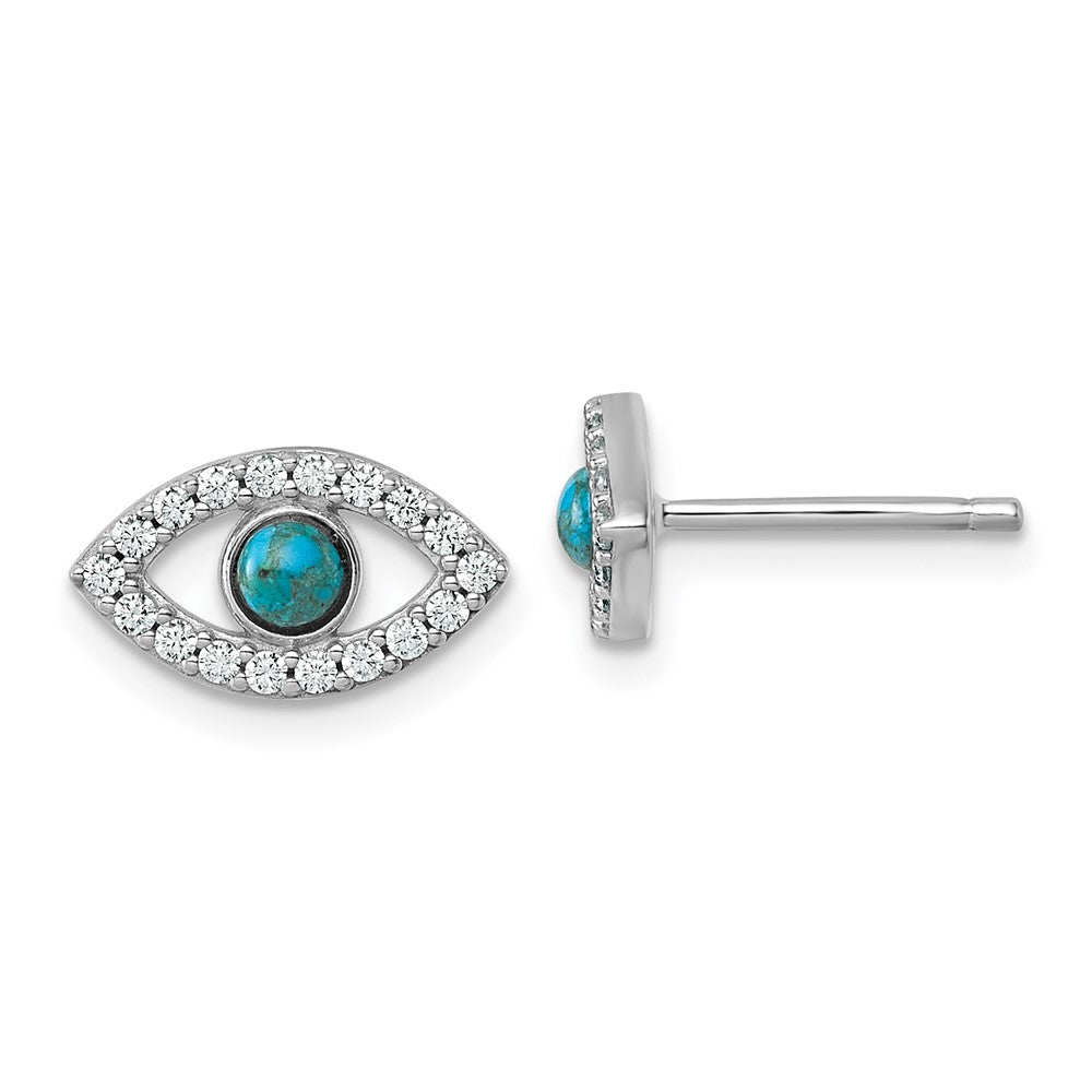 Sterling Silver RH-plated CZ Compressed Turquoise Evil Eye Post Earrings