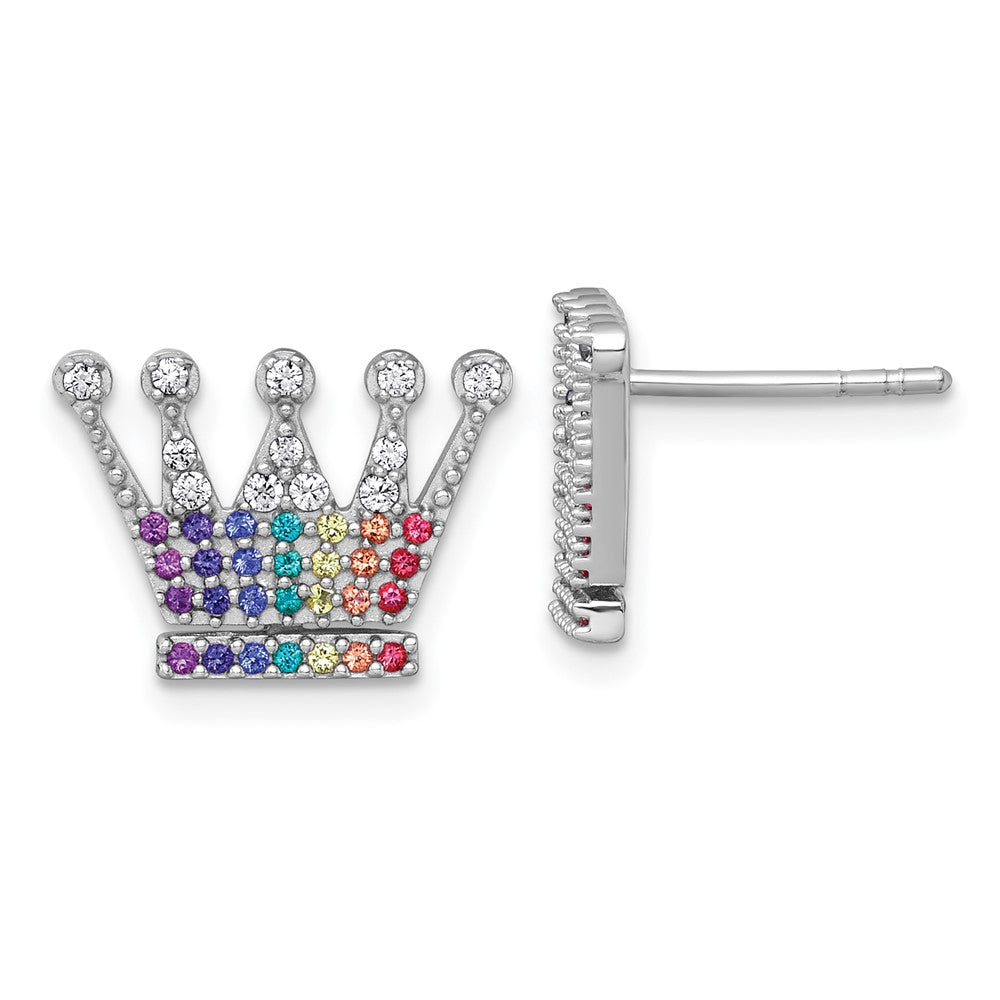 Sterling Silver RH-plated Multi Color Nano Crystals Crown Post Earrings