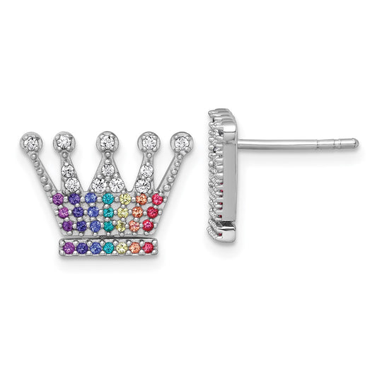 Sterling Silver RH-plated Multi Color Nano Crystals Crown Post Earrings