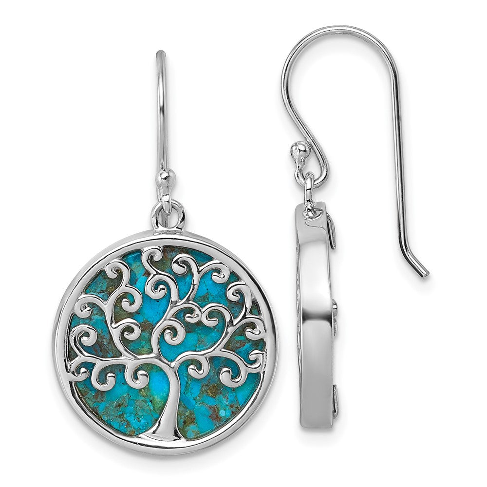 Sterling Silver RH-plated Compressed Turquoise Tree Of Life Earrings