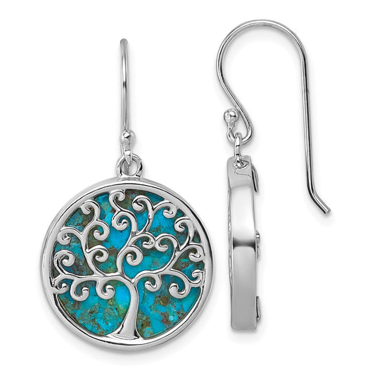 Sterling Silver RH-plated Compressed Turquoise Tree Of Life Earrings