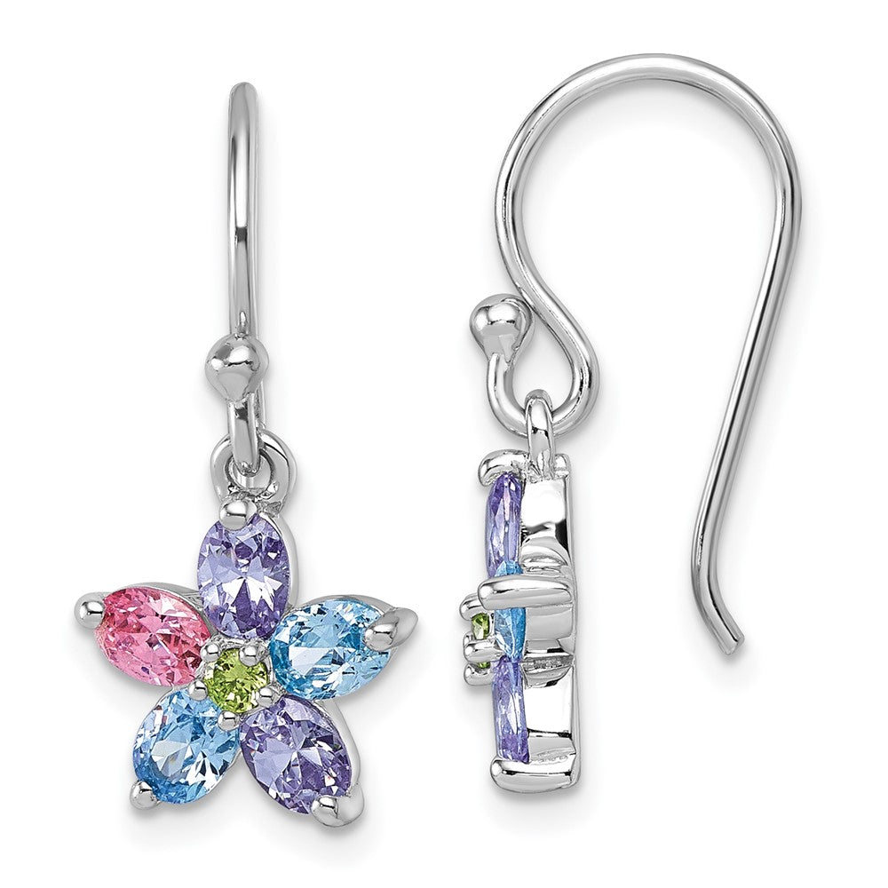 Sterling Silver Rh-plated Multi Color CZ Flower Dangle Earrings