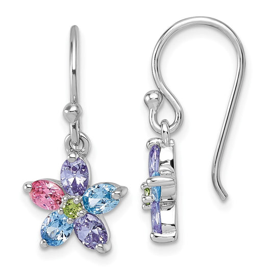 Sterling Silver Rh-plated Multi Color CZ Flower Dangle Earrings