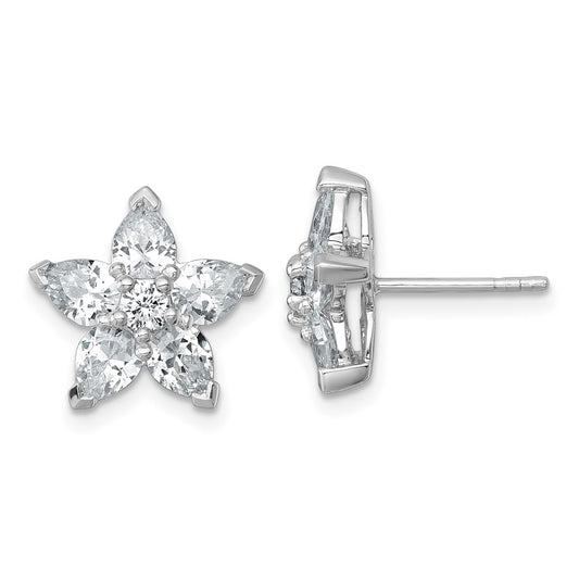 Sterling Silver Rhodium-plated Polished CZ Flower Post Earrings