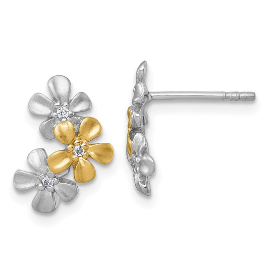 Sterling Silver Rhodium and Gold-plated Flower CZ Post Earrings