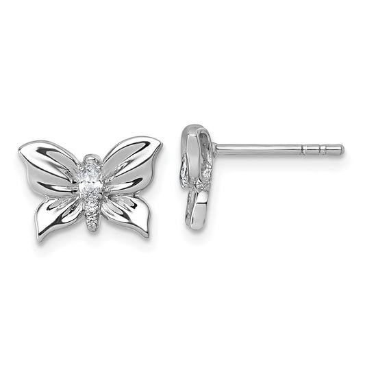 Sterling Silver Rhodium-plated Polished CZ Butterfly Post Earrings