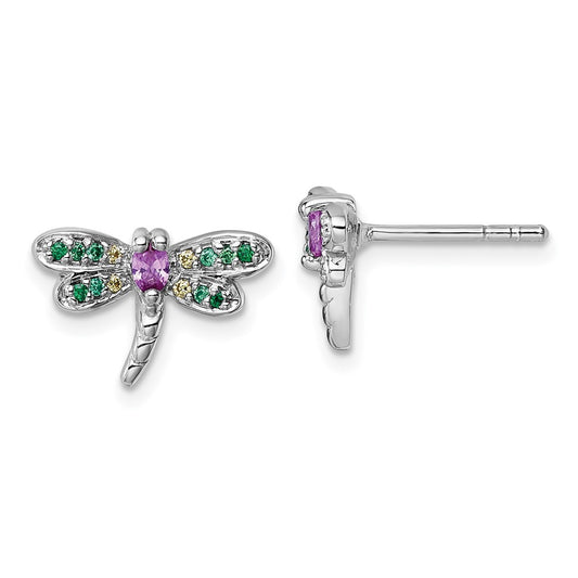 Sterling Silver Rh-plated Multi Color CZ Dragonfly Post Earrings