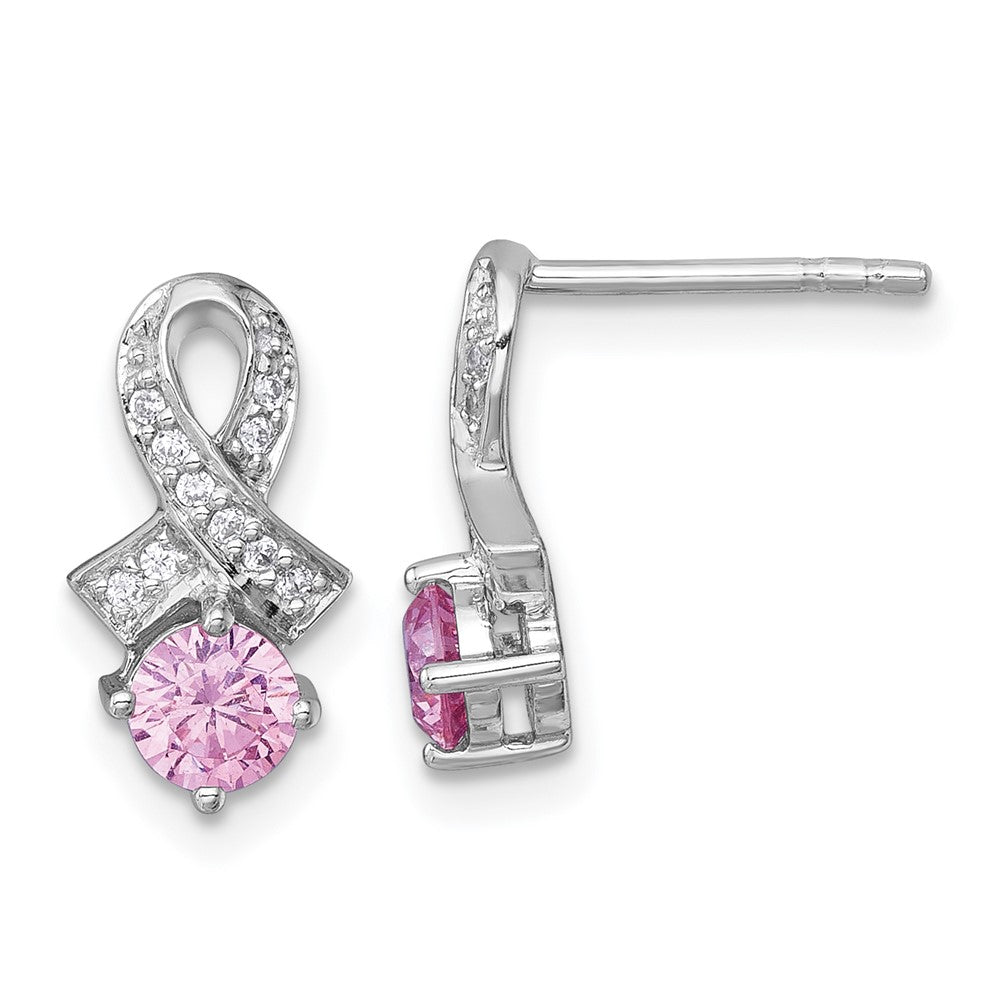 SS RH-pltd Polish Pink & White CZ Awareness Ribbon Post Earrings