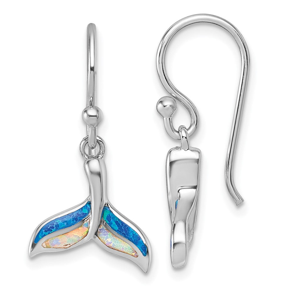 Sterling Silver Rh-plated Created Opal Whale Tail Dangle Earrings