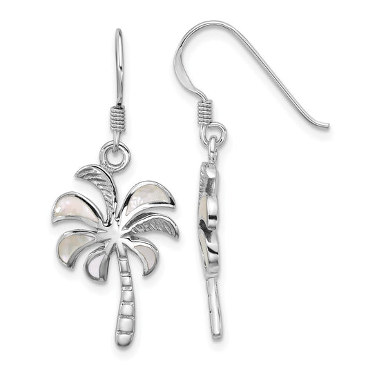 Sterling Silver Rhodium-plated Polished MOP Palm Tree Dangle Earrings