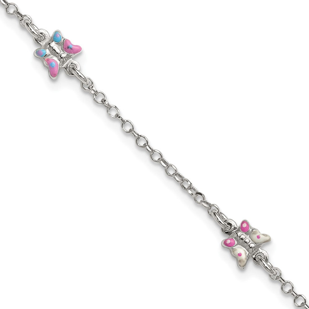 Sterling Silver Polished Enamel Butterfly 6in w/1in ext Children's Bracelet