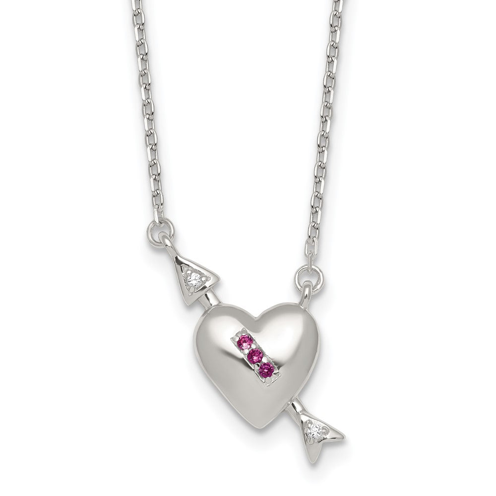 Sterling Silver Pink and White CZ Heart and Arrow w/ 2in Ext Necklace