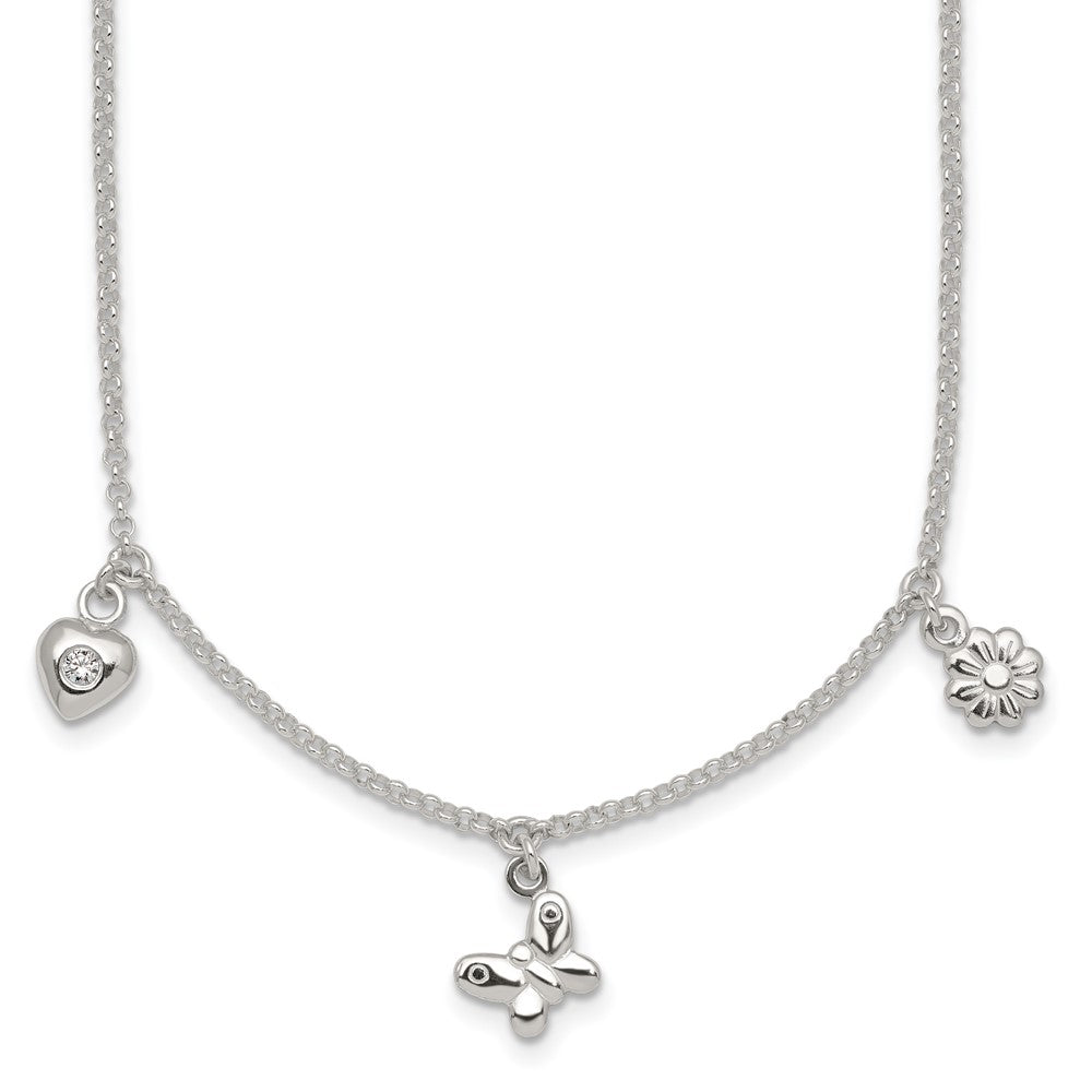 SS Polished CZ Flower Butterfly and Heart w/ 1in Ext Children's Necklace