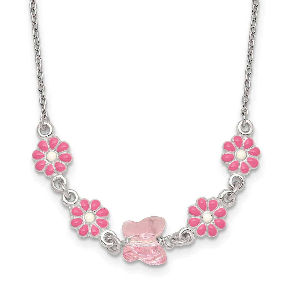 Sterling Silver Glass Butterfly and Enameled Flowers Children's Necklace