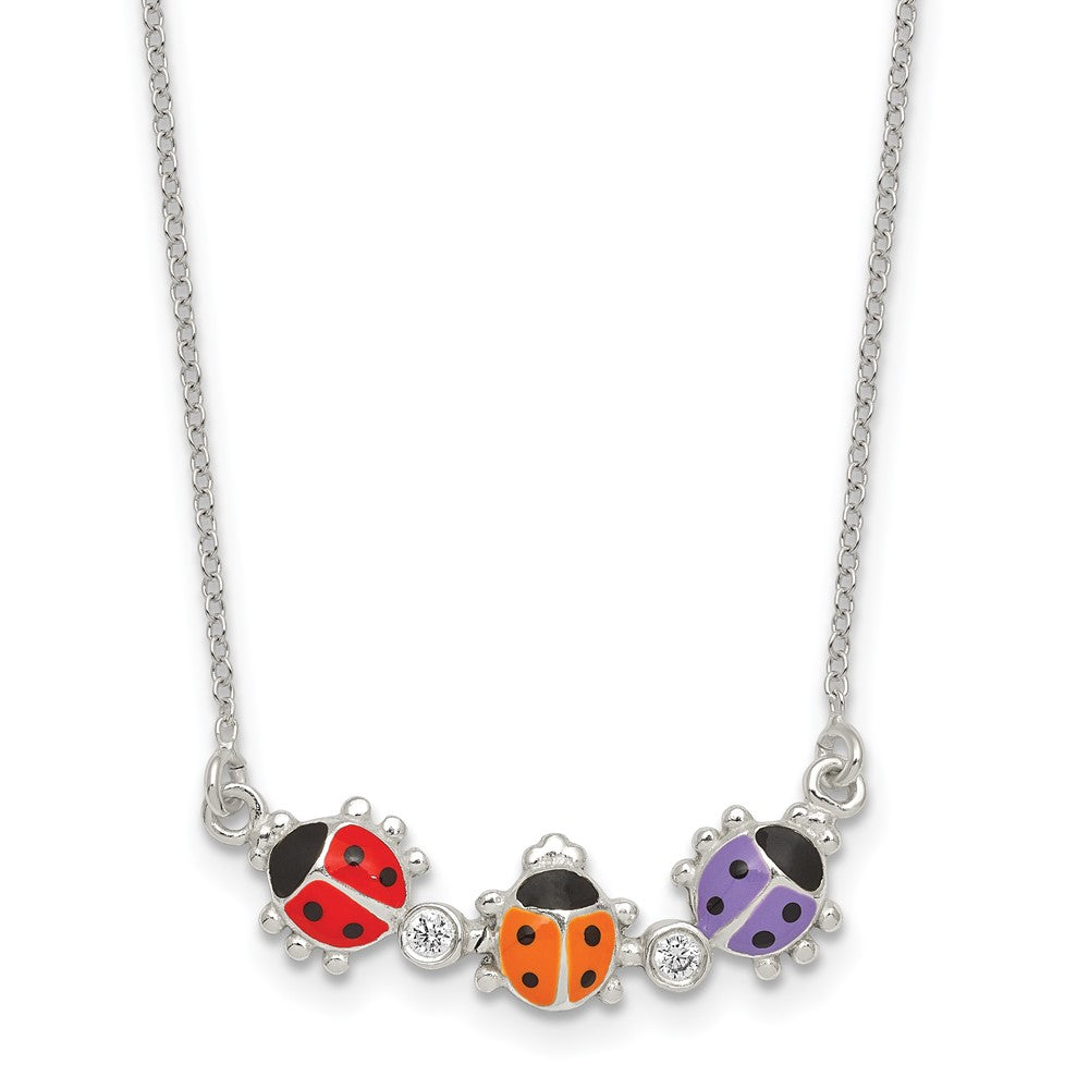Sterling Silver CZ and Enameled Multicolor Lady Bugs Children's Necklace