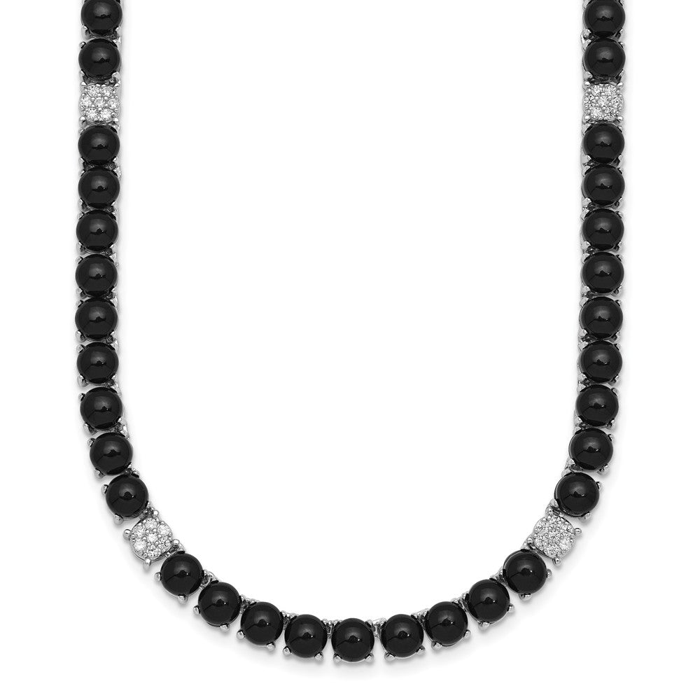 Sterling Silver RH-plated Polished CZ and Onyx 17in w/3in Ext Necklace