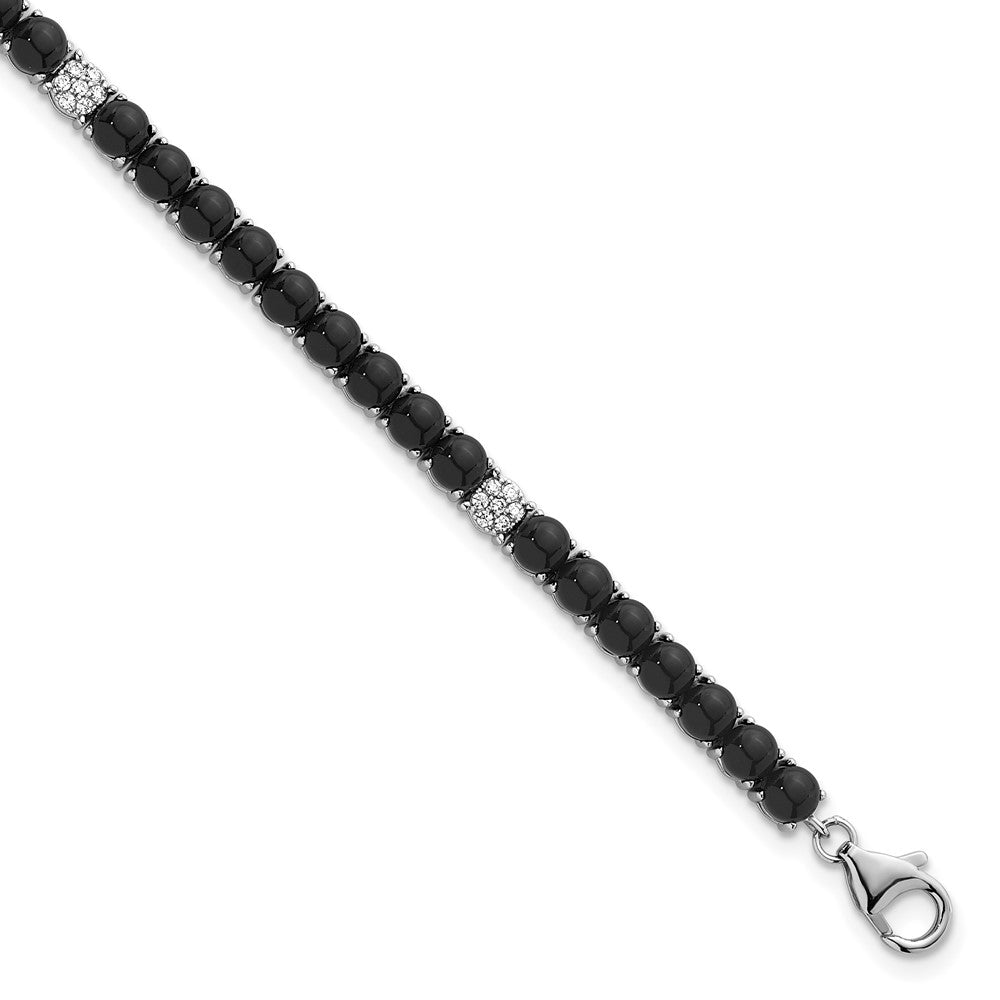 Sterling Silver RH-plated CZ and Onyx 7.5in w/1.5in Ext Bracelet