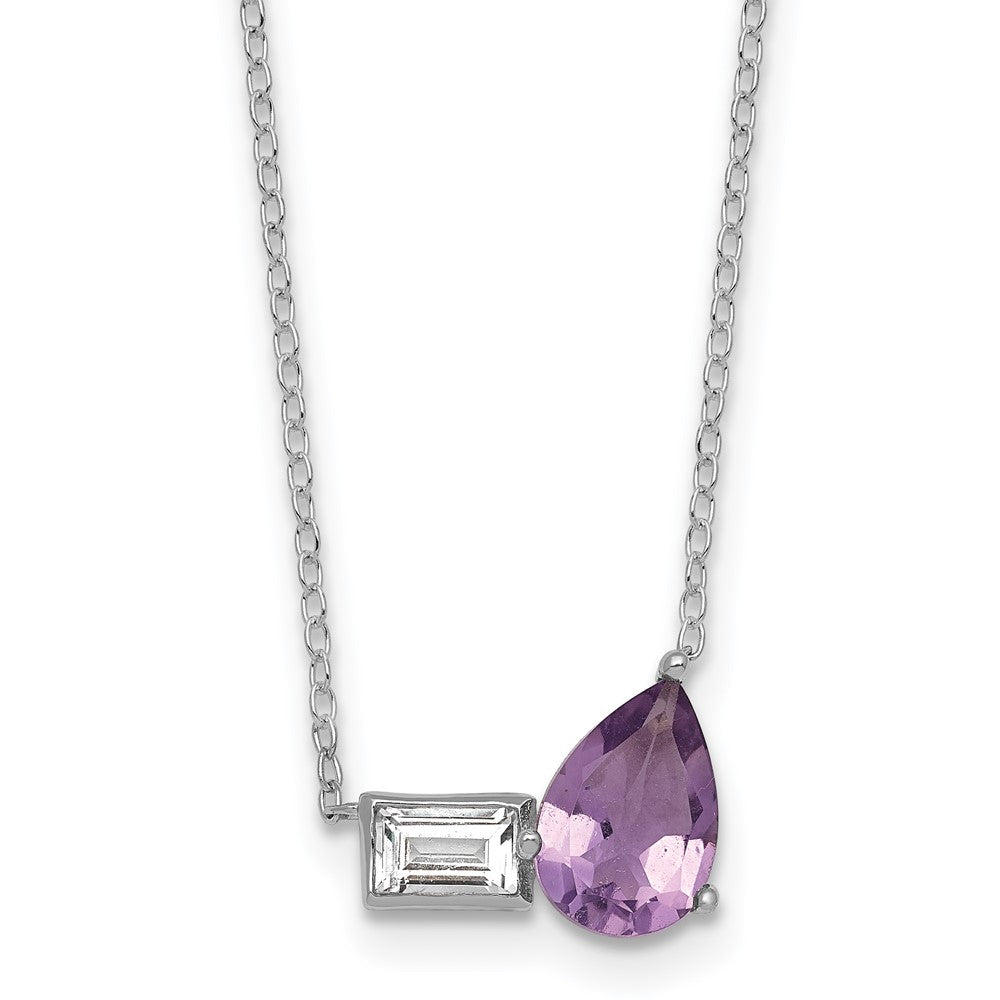 SS RH-pltd Amethyst and White Topaz Pear Rectangle 16in w/2in Ext Necklace